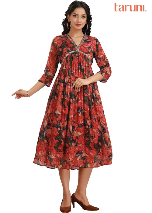 Dark Bottle Green & Rust Chinnon Printed Midi Dress