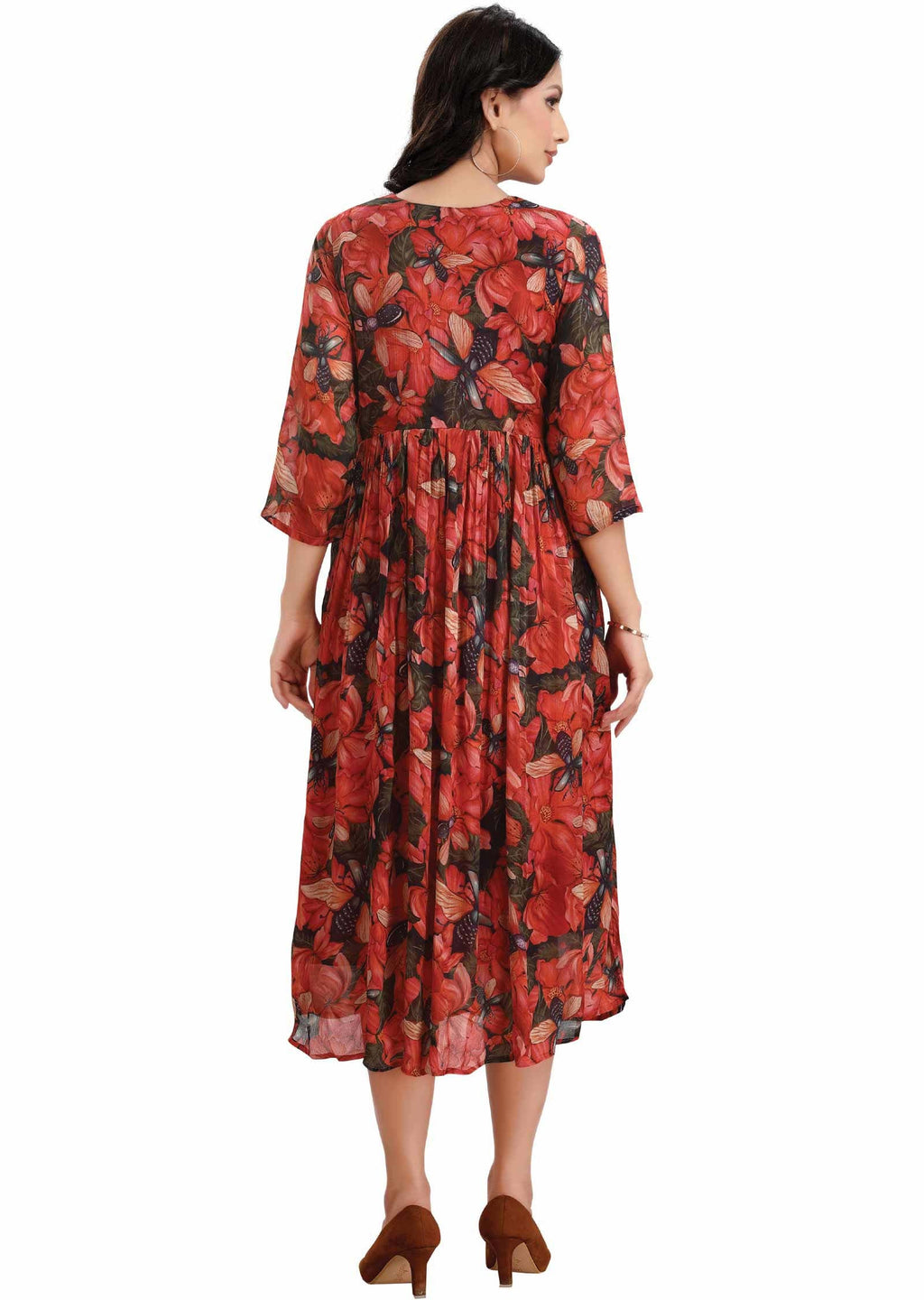 Dark Bottle Green & Rust Chinnon Printed Midi Dress