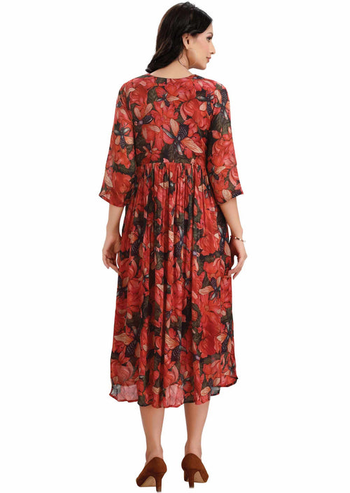 Dark Bottle Green & Rust Chinnon Printed Midi Dress