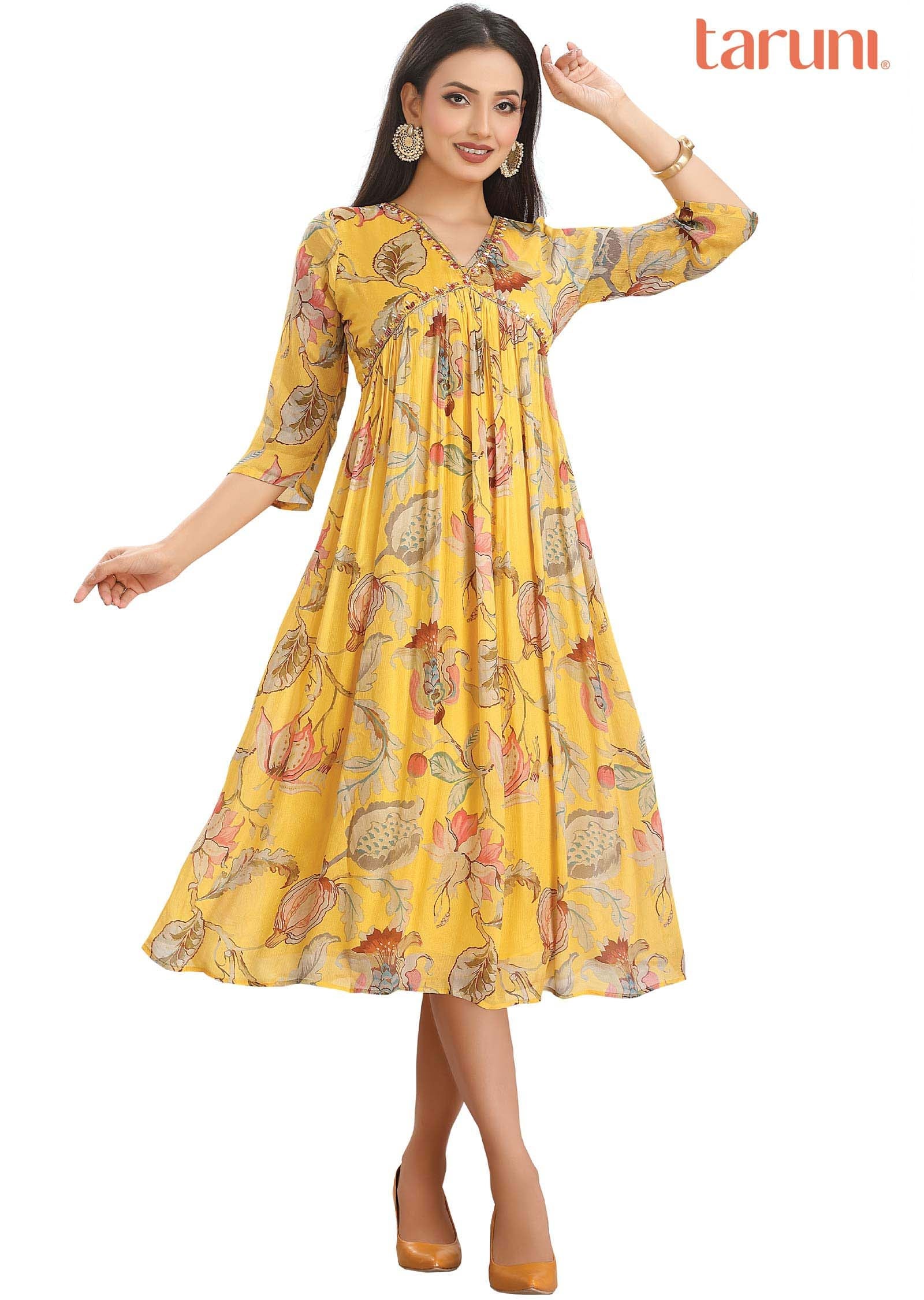 Yellow Chinnon Printed Midi Dress