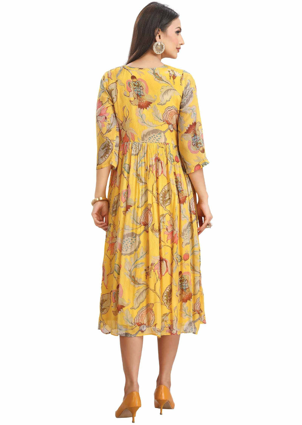 Yellow Chinnon Printed Midi Dress