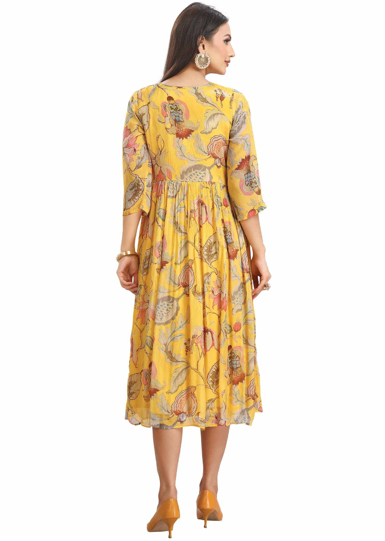 Yellow Chinnon Printed Midi Dress