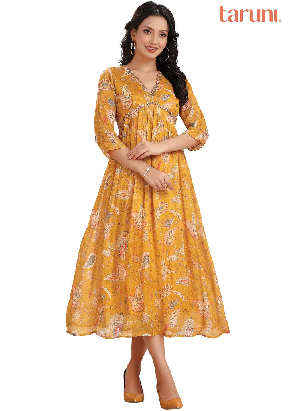 Yellow Chinnon Printed Midi Dress