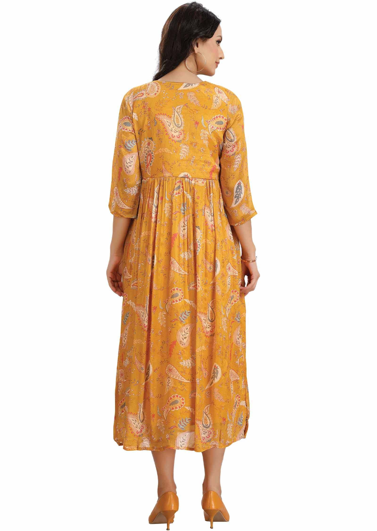 Yellow Chinnon Printed Midi Dress