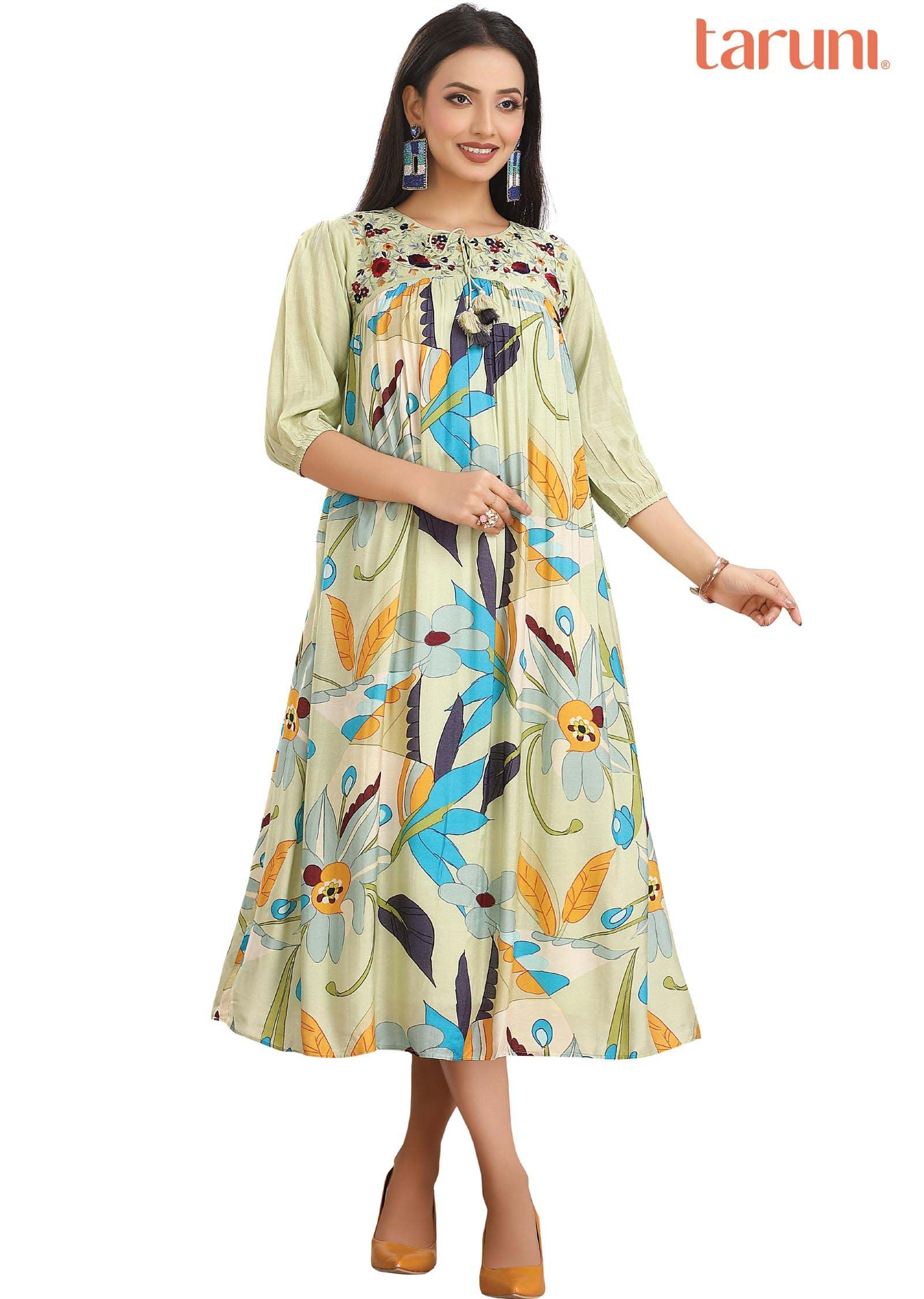 Pista Green & Multicolor Muslin Printed Midi Dress