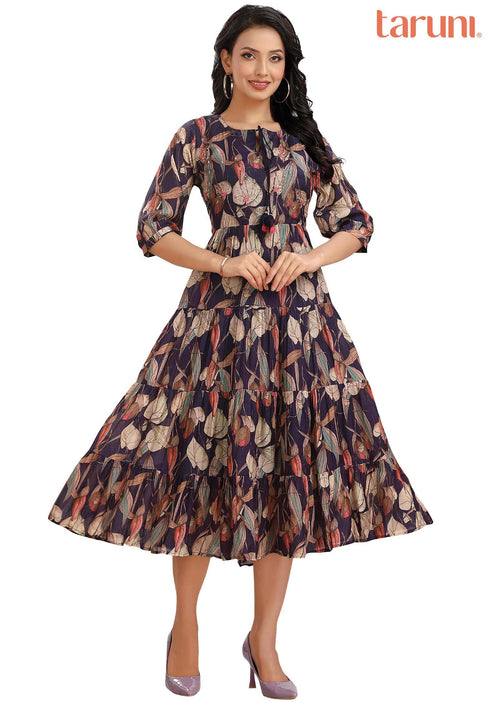 Dark Purple & Beige Muslin Embroidered Midi Dress