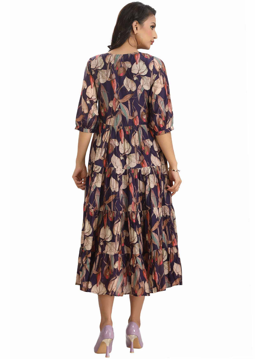 Dark Purple & Beige Muslin Embroidered Midi Dress