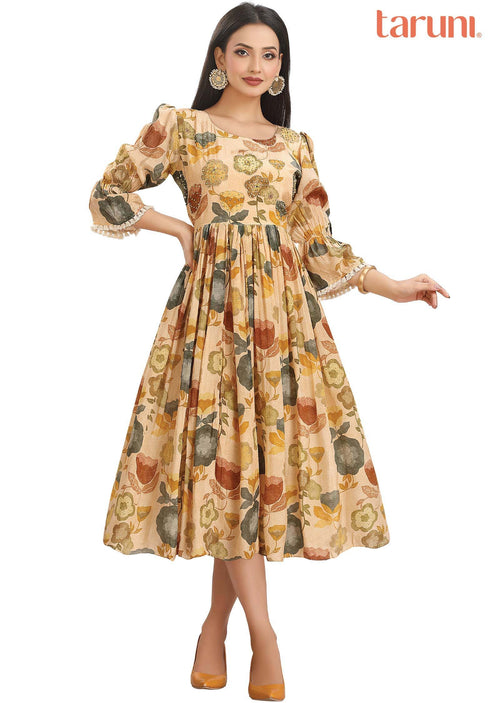 Dark Cream Crepe Printed Midi Dress