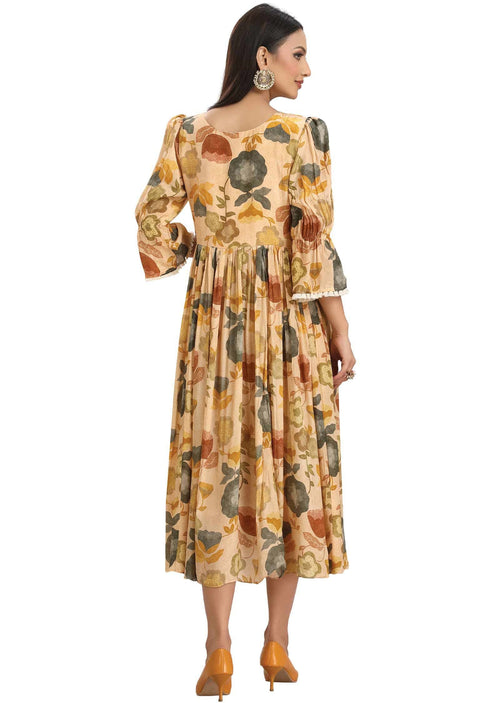Dark Cream Crepe Printed Midi Dress