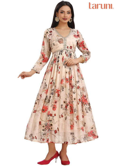 Cream Chinnon Embroidered Midi Dress