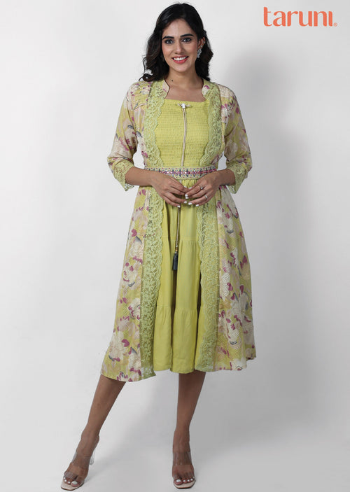 Dusty Green Cotton Printed Midi Dress