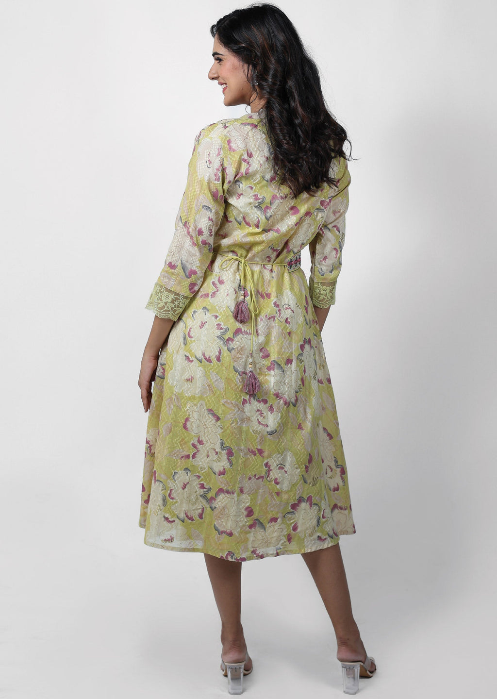 Dusty Green Cotton Printed Midi Dress