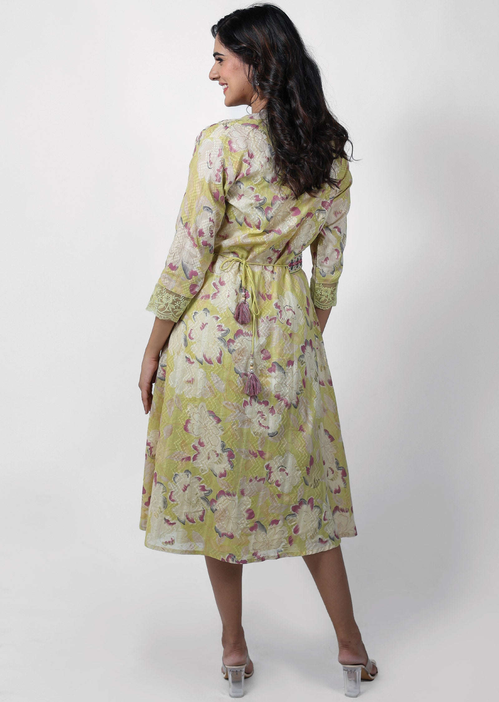 Dusty Green Cotton Printed Midi Dress