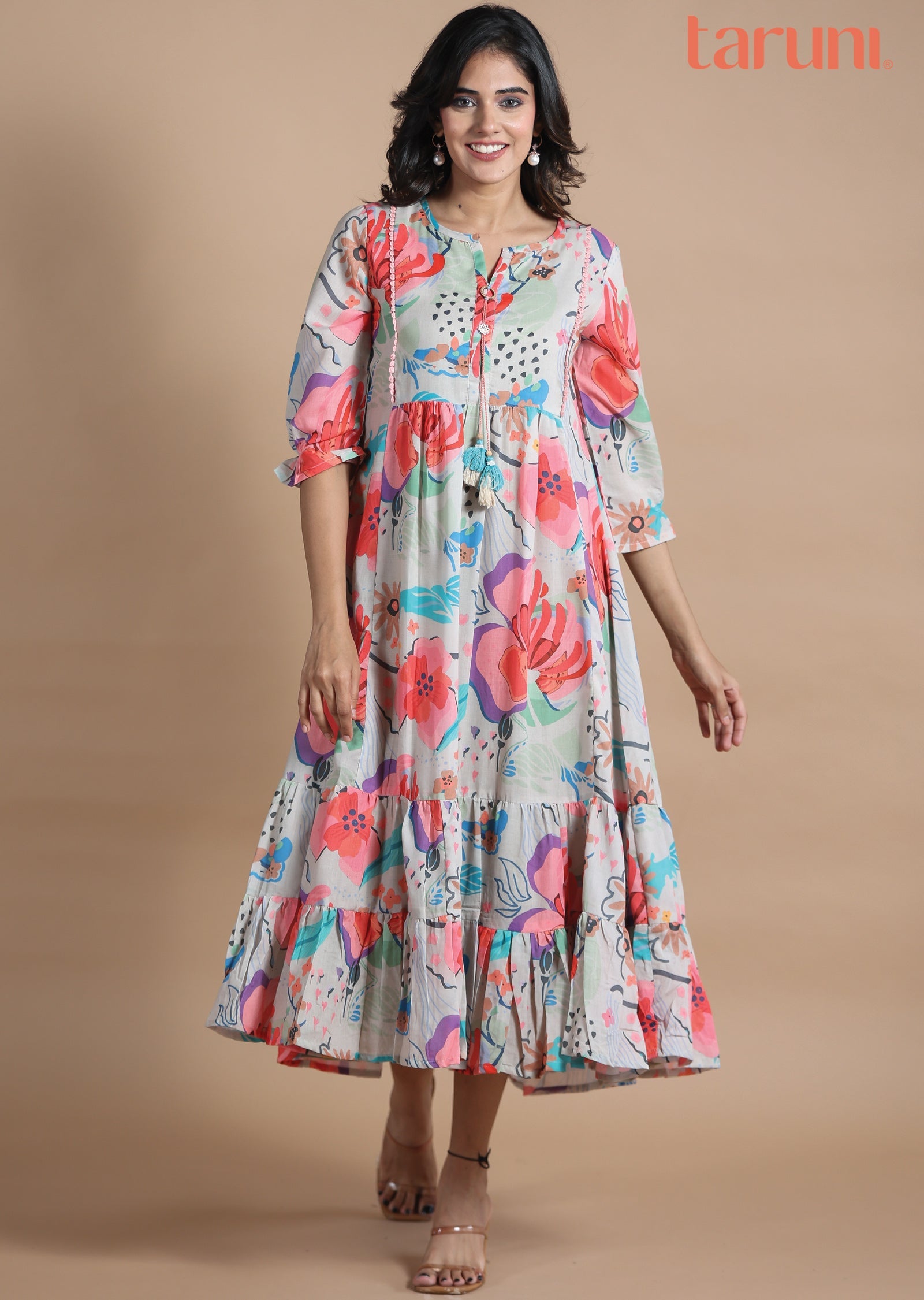 Beige Cotton Midi Dress