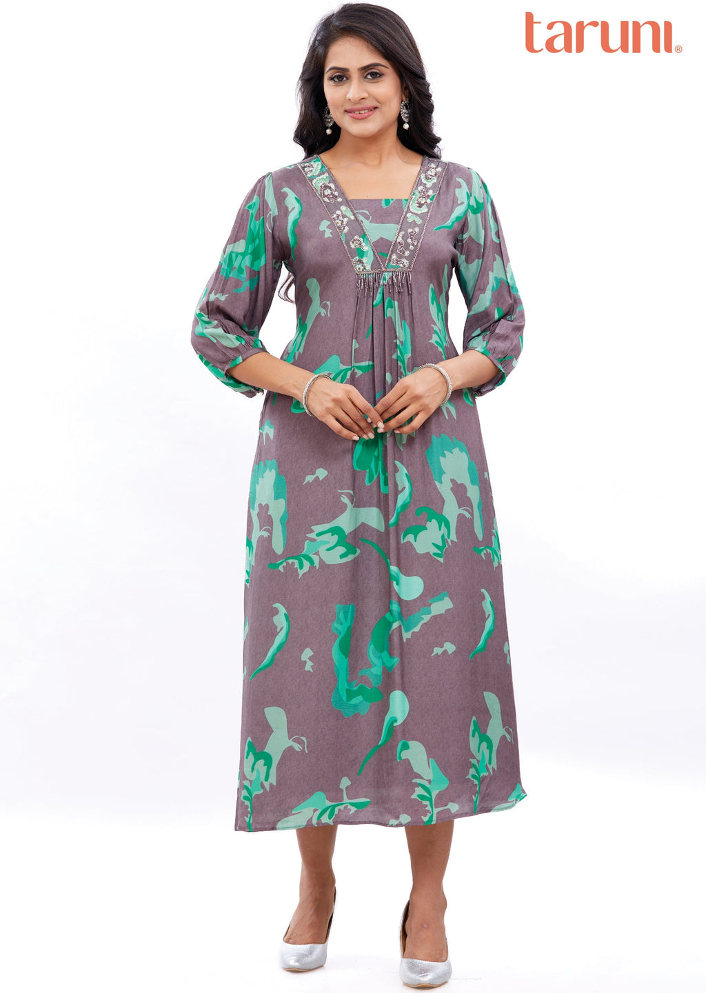 Grey & Green Muslin Midi Dress