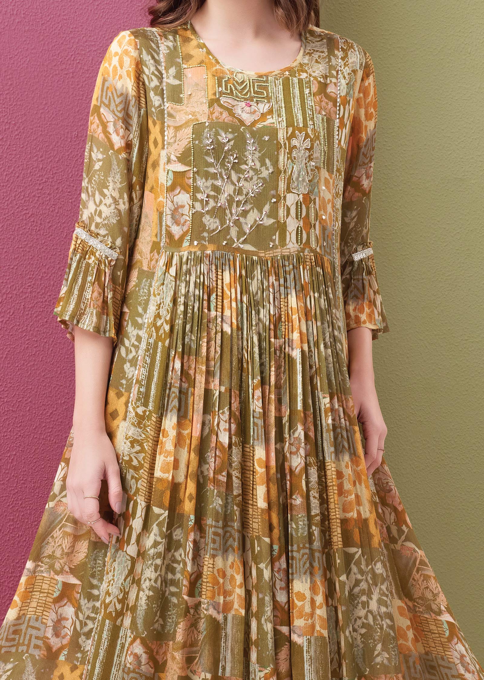 Olive Green Chinnon Midi Dress