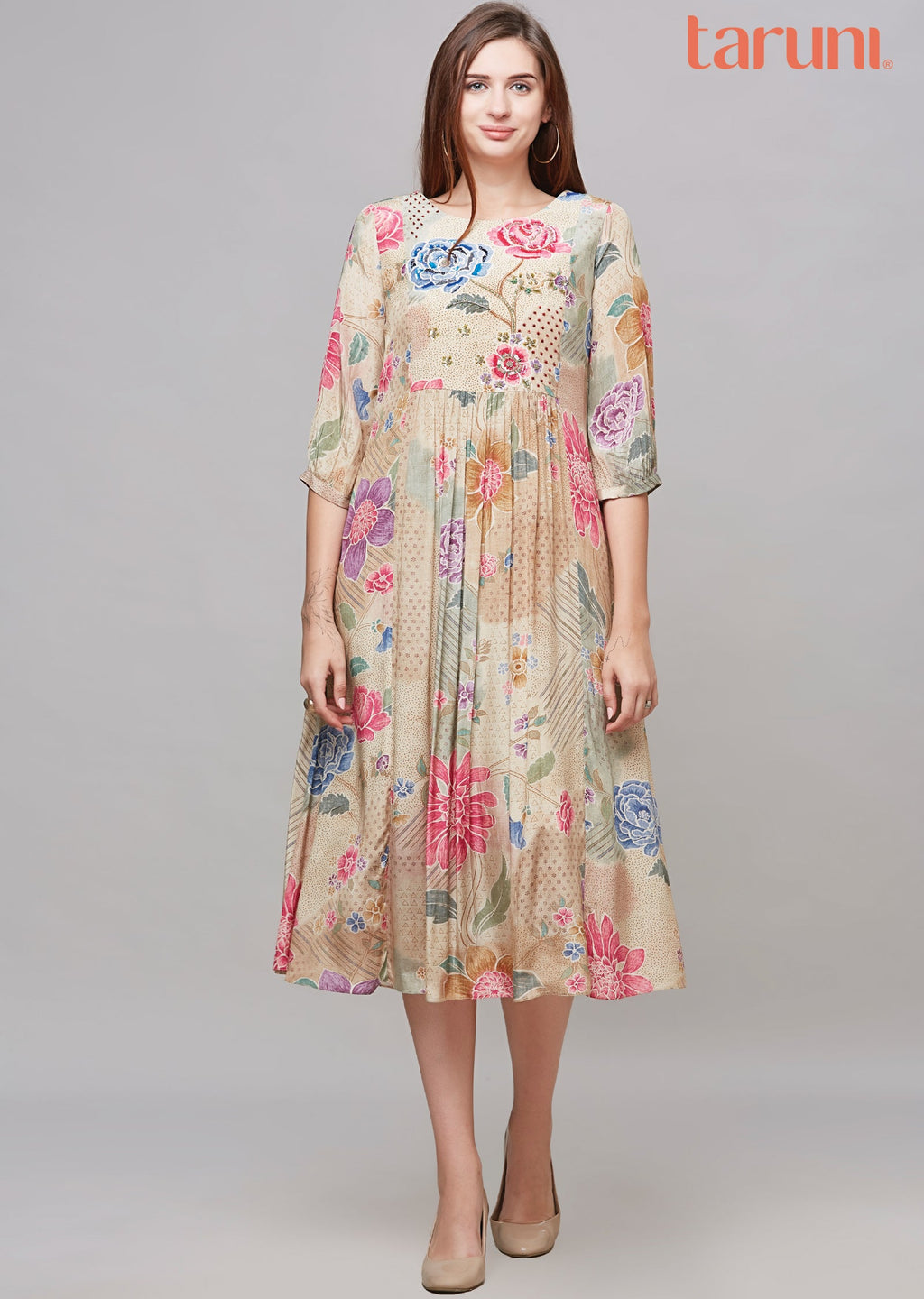 Beige Crepe Midi Dress
