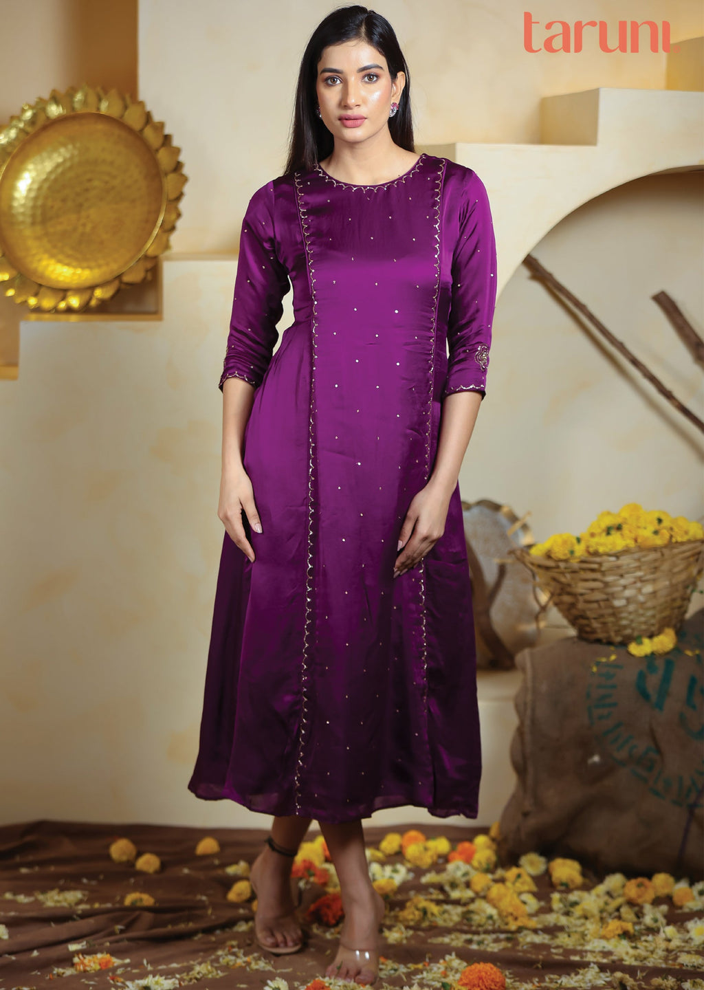 Purple Linen Satin Midi Dress