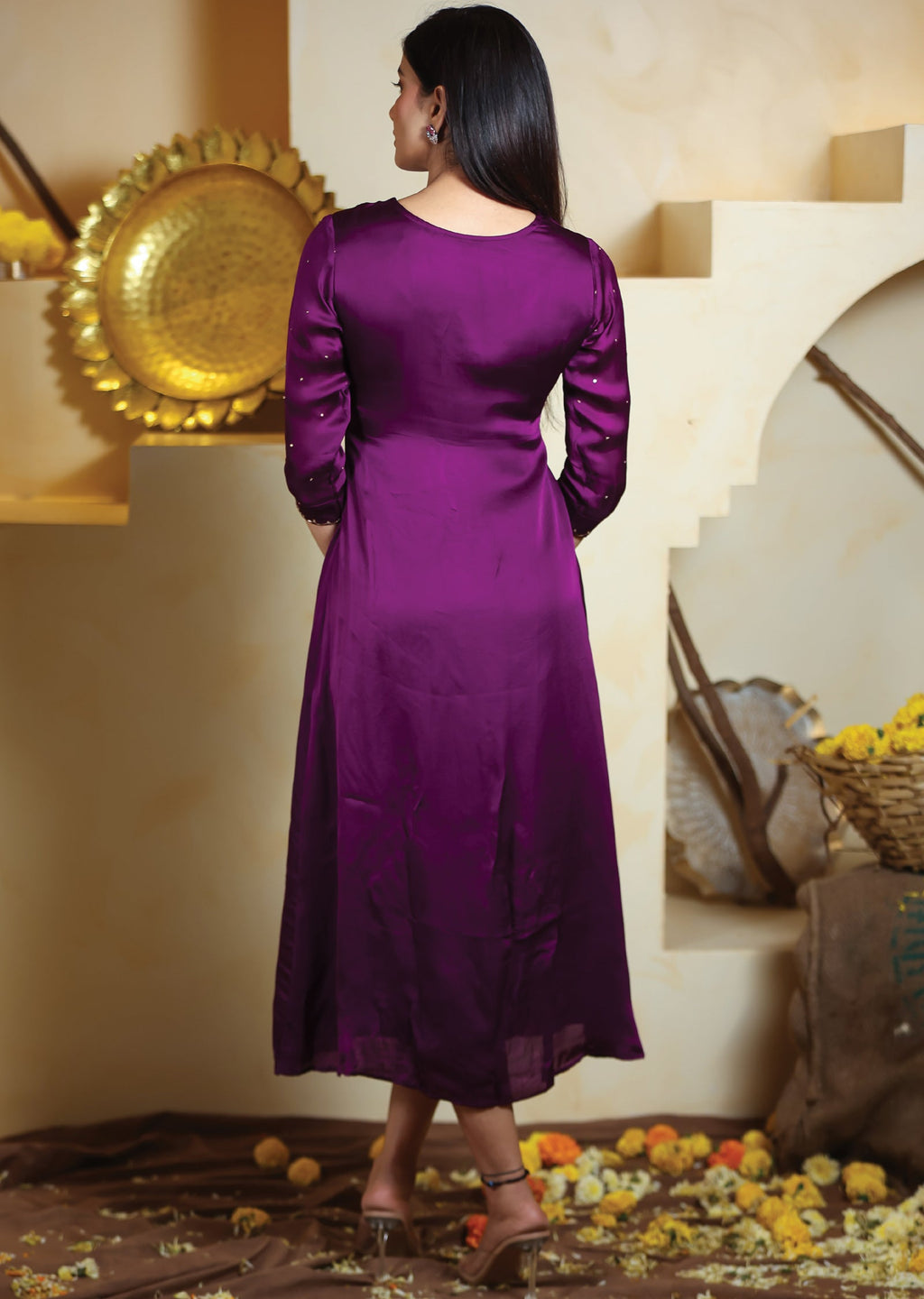 Purple Linen Satin Midi Dress