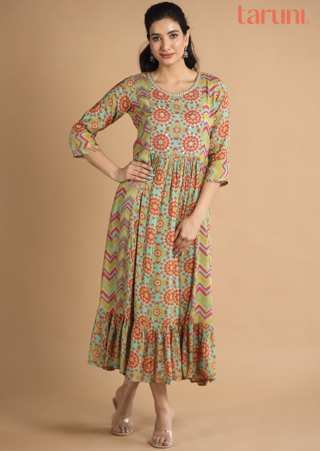 Green & Pink Muslin Midi Dress