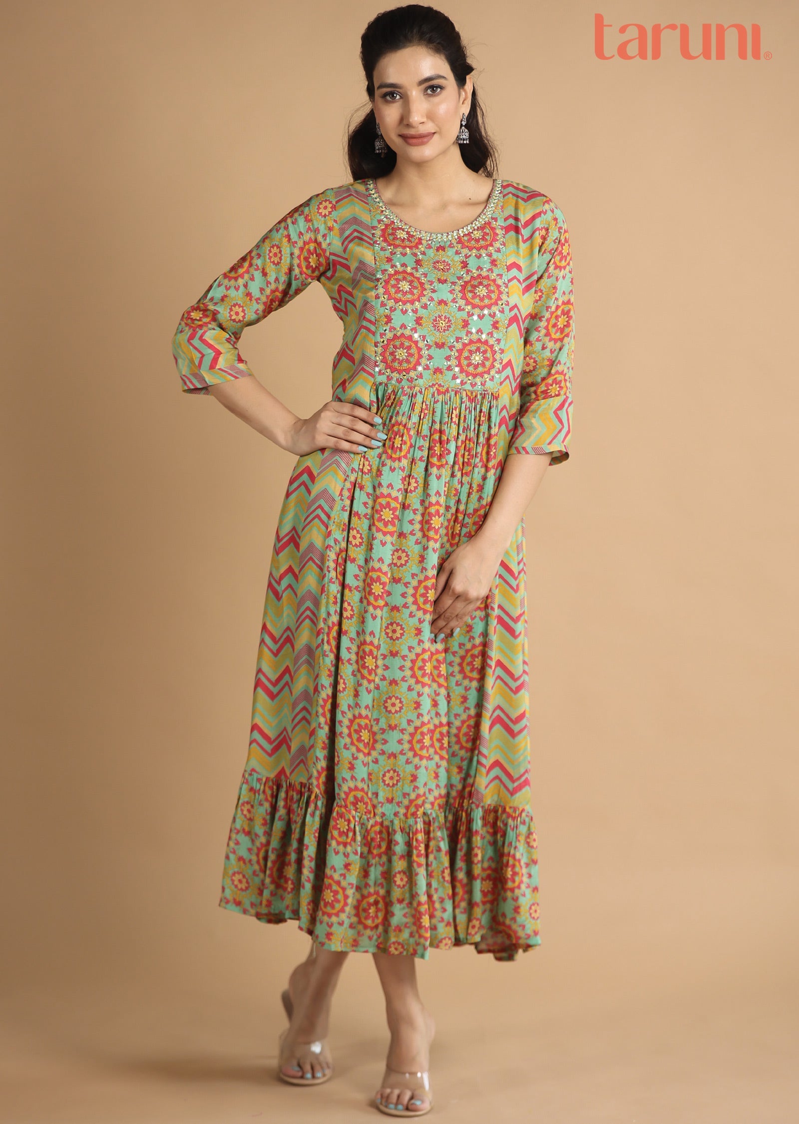 Green & Pink Muslin Midi Dress