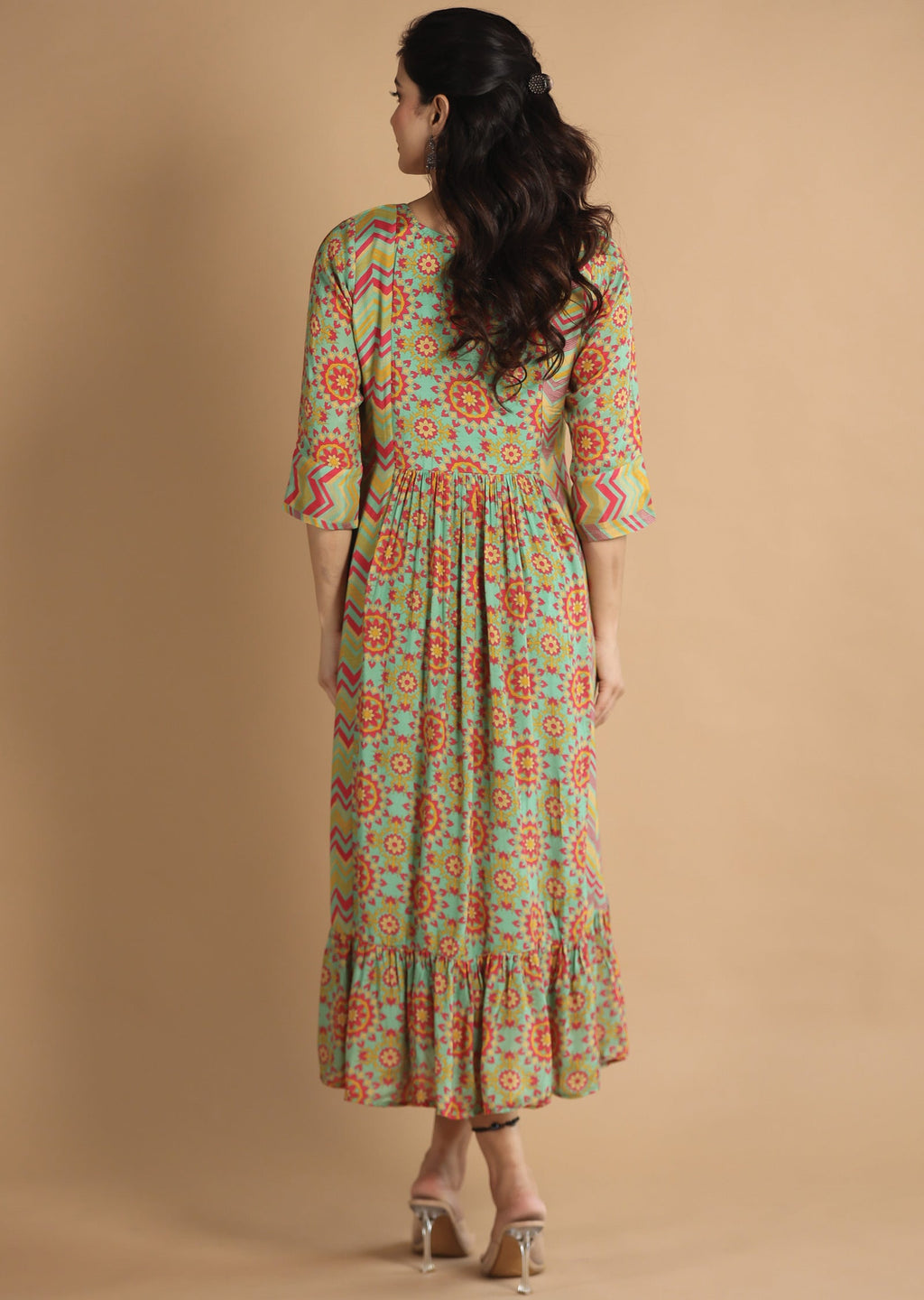 Green & Pink Muslin Midi Dress