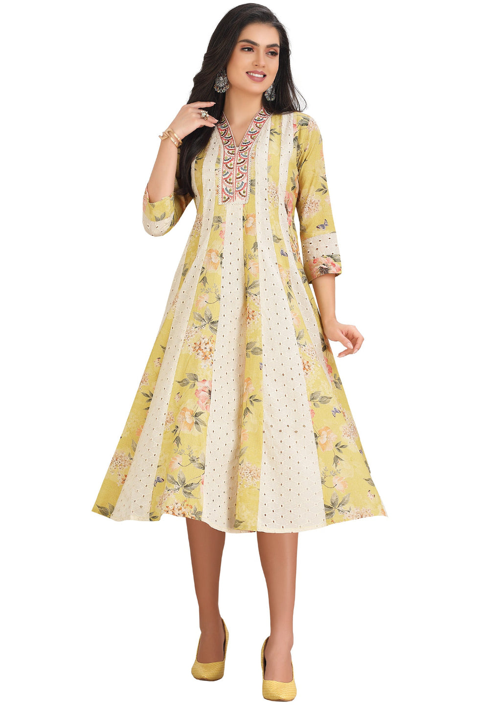 Yellow & Off White Cotton Midi Dress