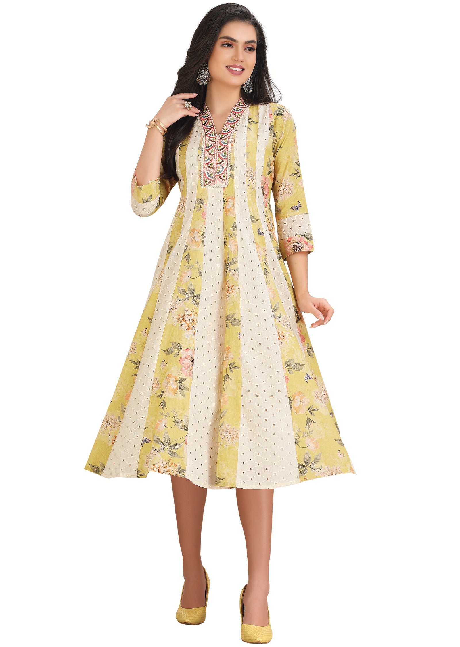 Yellow & Off White Cotton Midi Dress