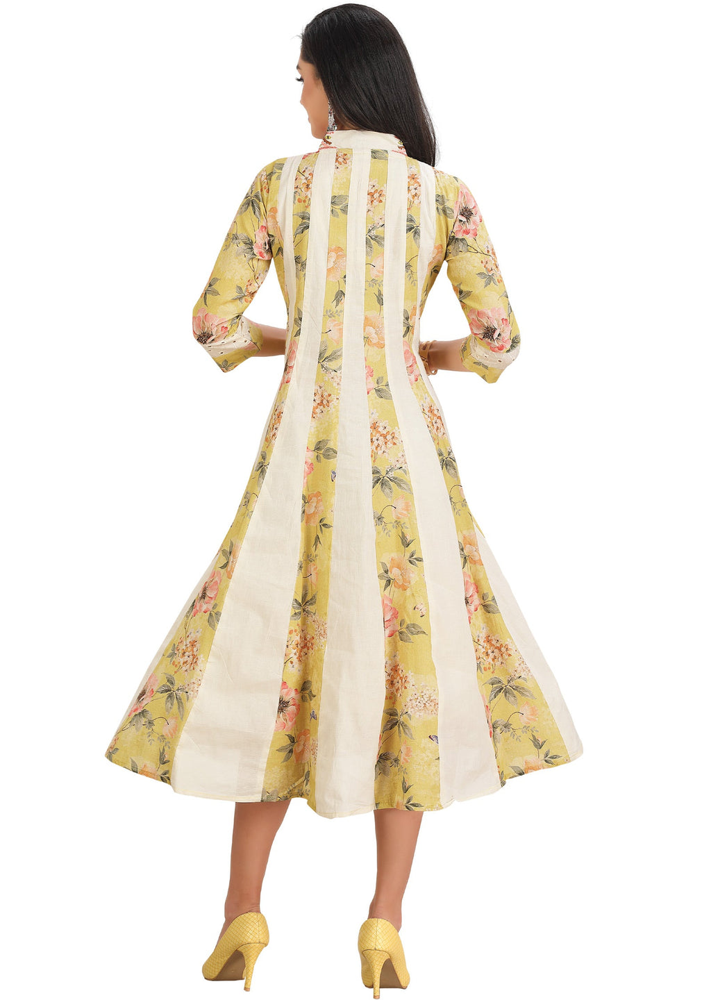 Yellow & Off White Cotton Midi Dress
