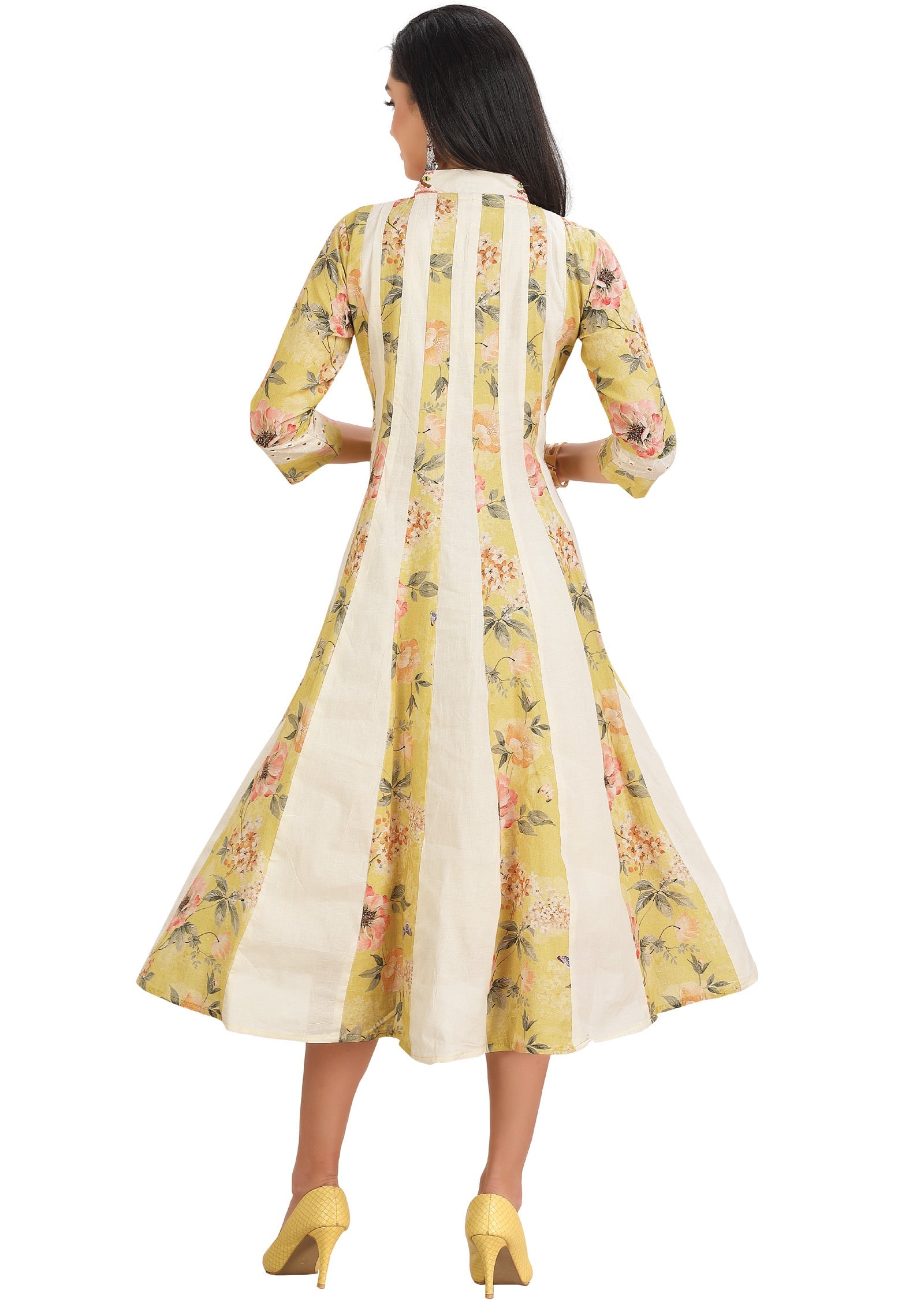 Yellow & Off White Cotton Midi Dress