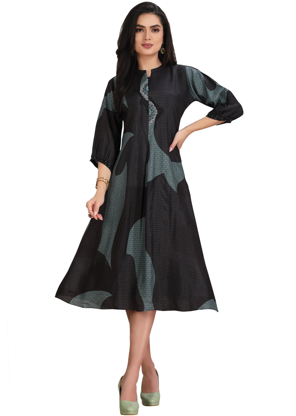 Black & Dusty Blue Dola Silk Midi Dress