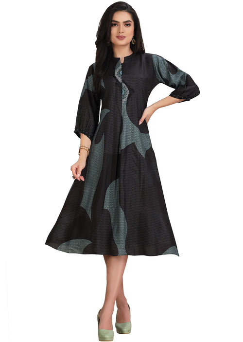Black & Dusty Blue Dola Silk Midi Dress