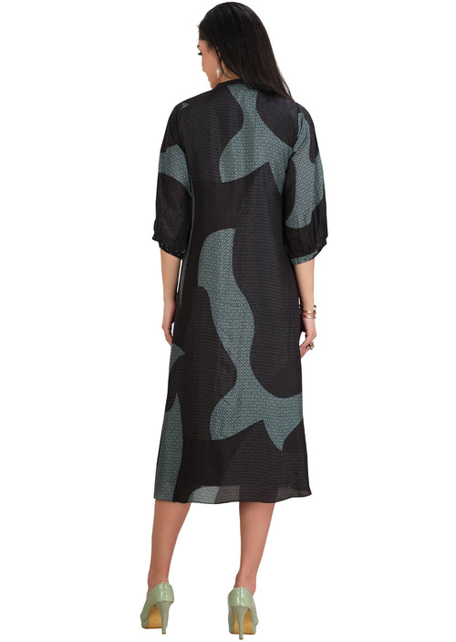 Black & Dusty Blue Dola Silk Midi Dress