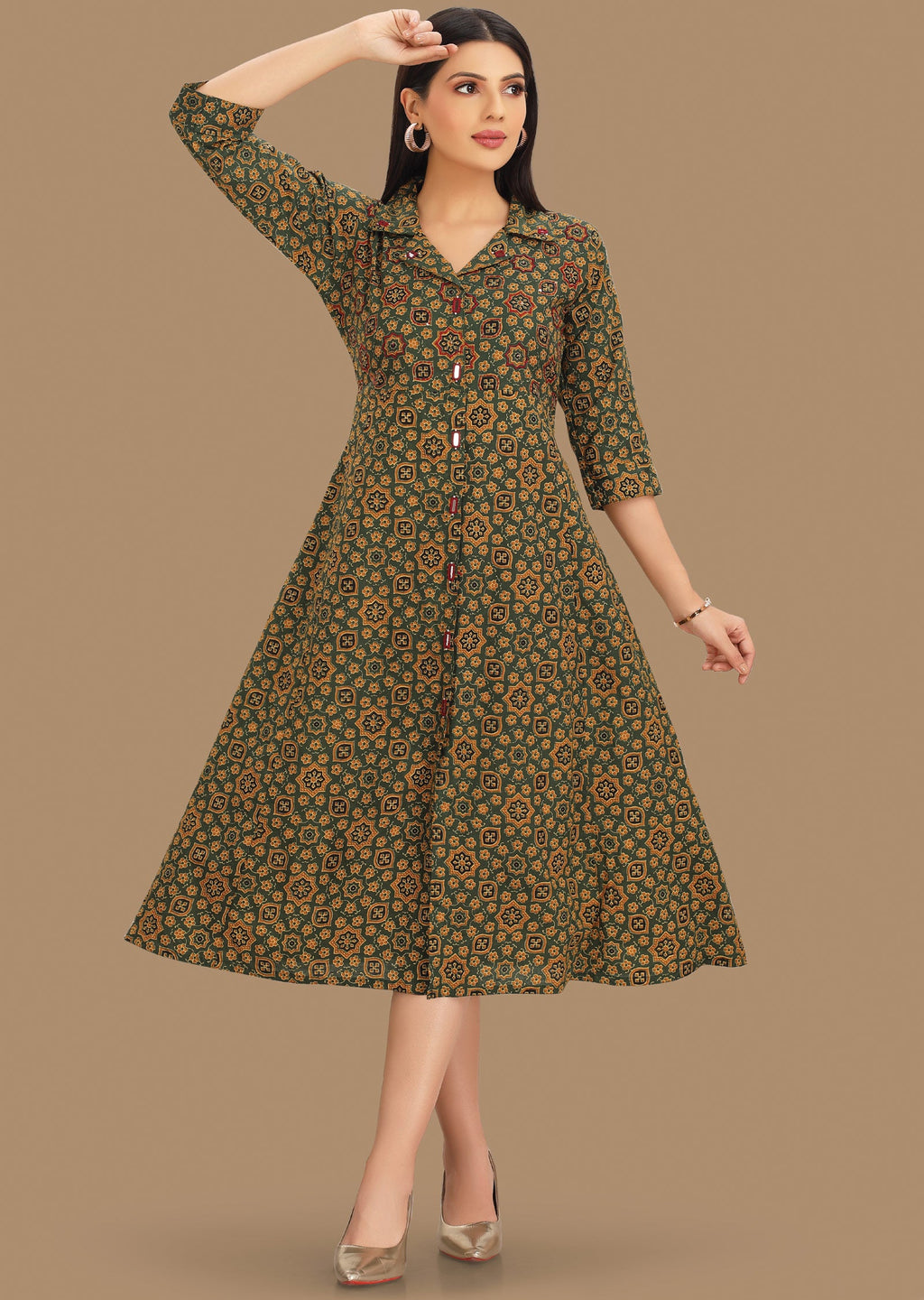 Green & Yellow Cotton Midi Dress
