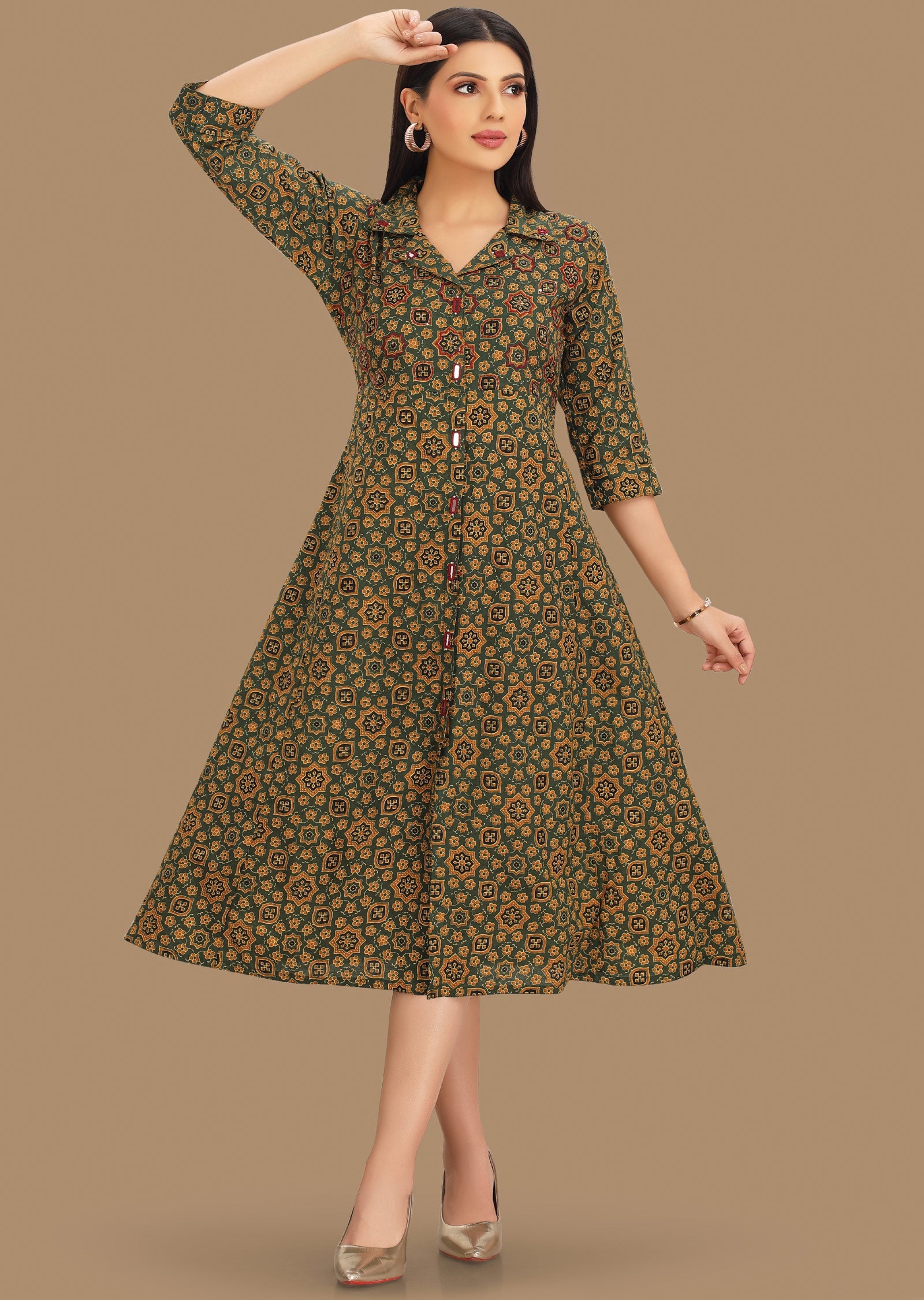 Green & Yellow Cotton Midi Dress