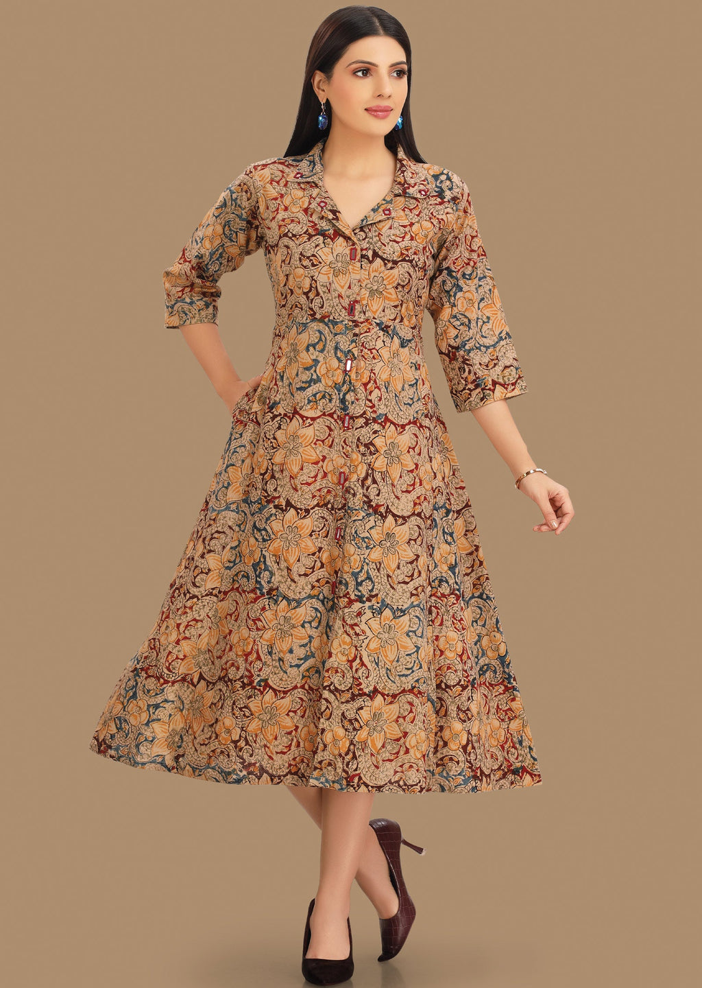 Beige & Maroon Cotton Midi Dress