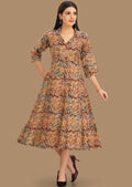 Beige & Maroon Cotton Midi Dress