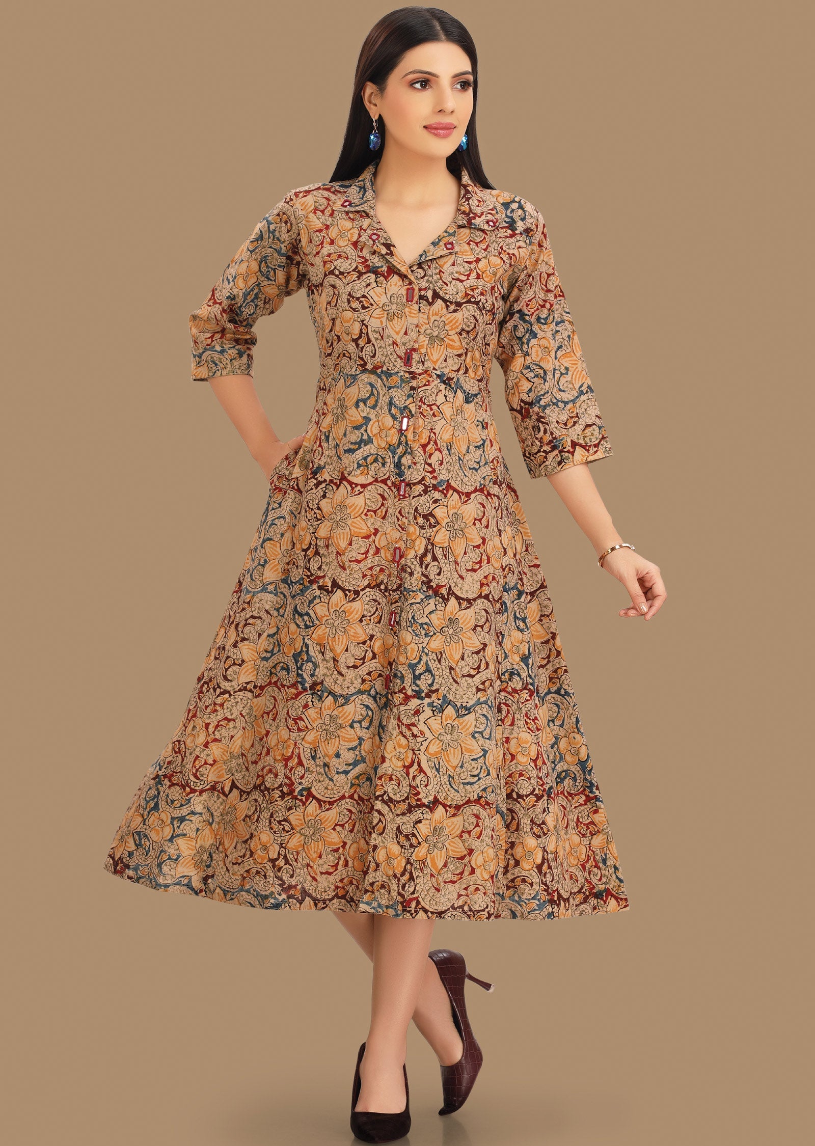 Beige & Maroon Cotton Midi Dress
