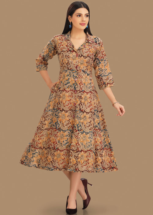 Beige & Maroon Cotton Midi Dress