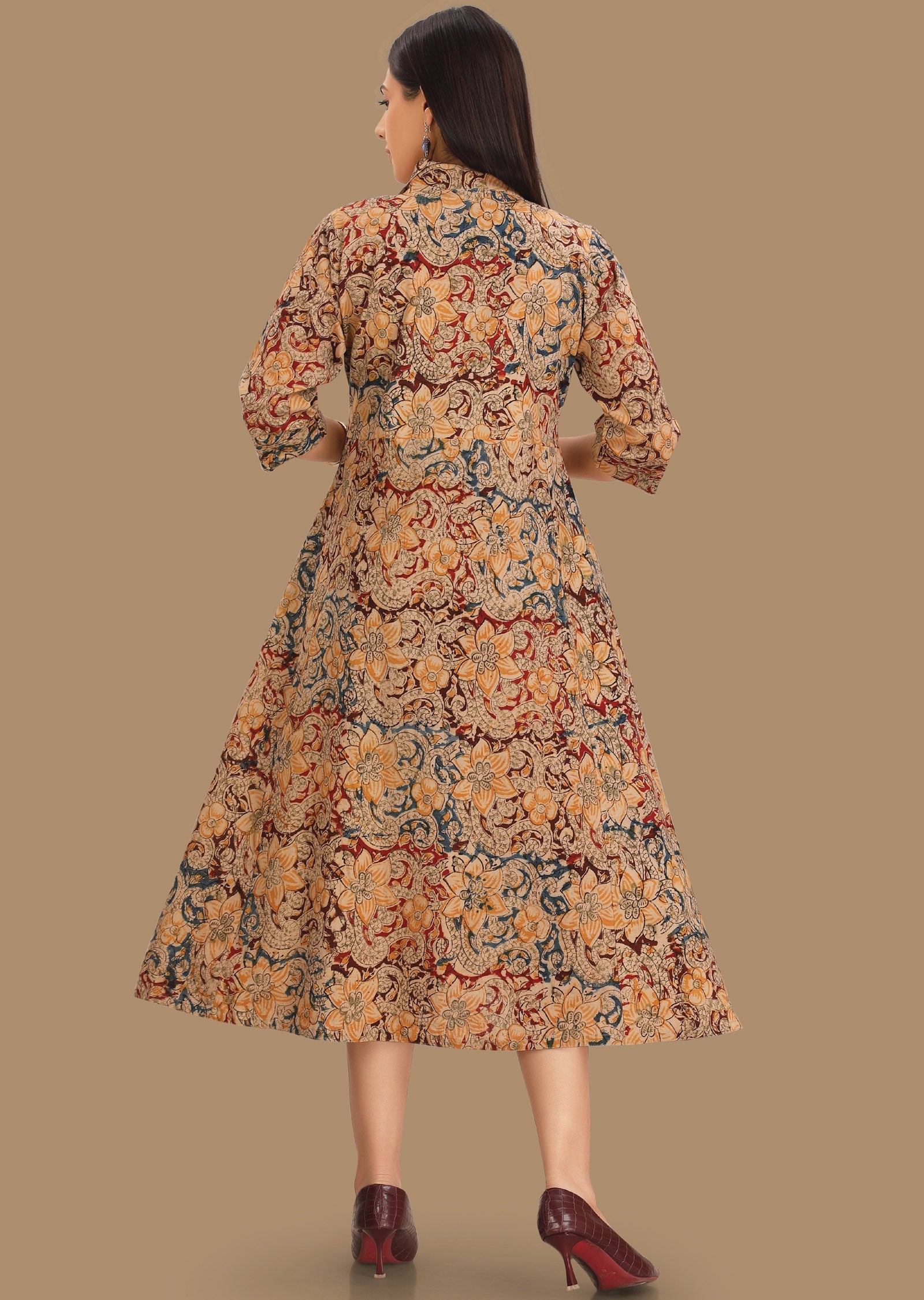Beige & Maroon Cotton Midi Dress