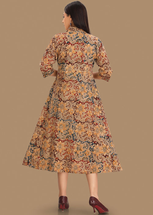 Beige & Maroon Cotton Midi Dress