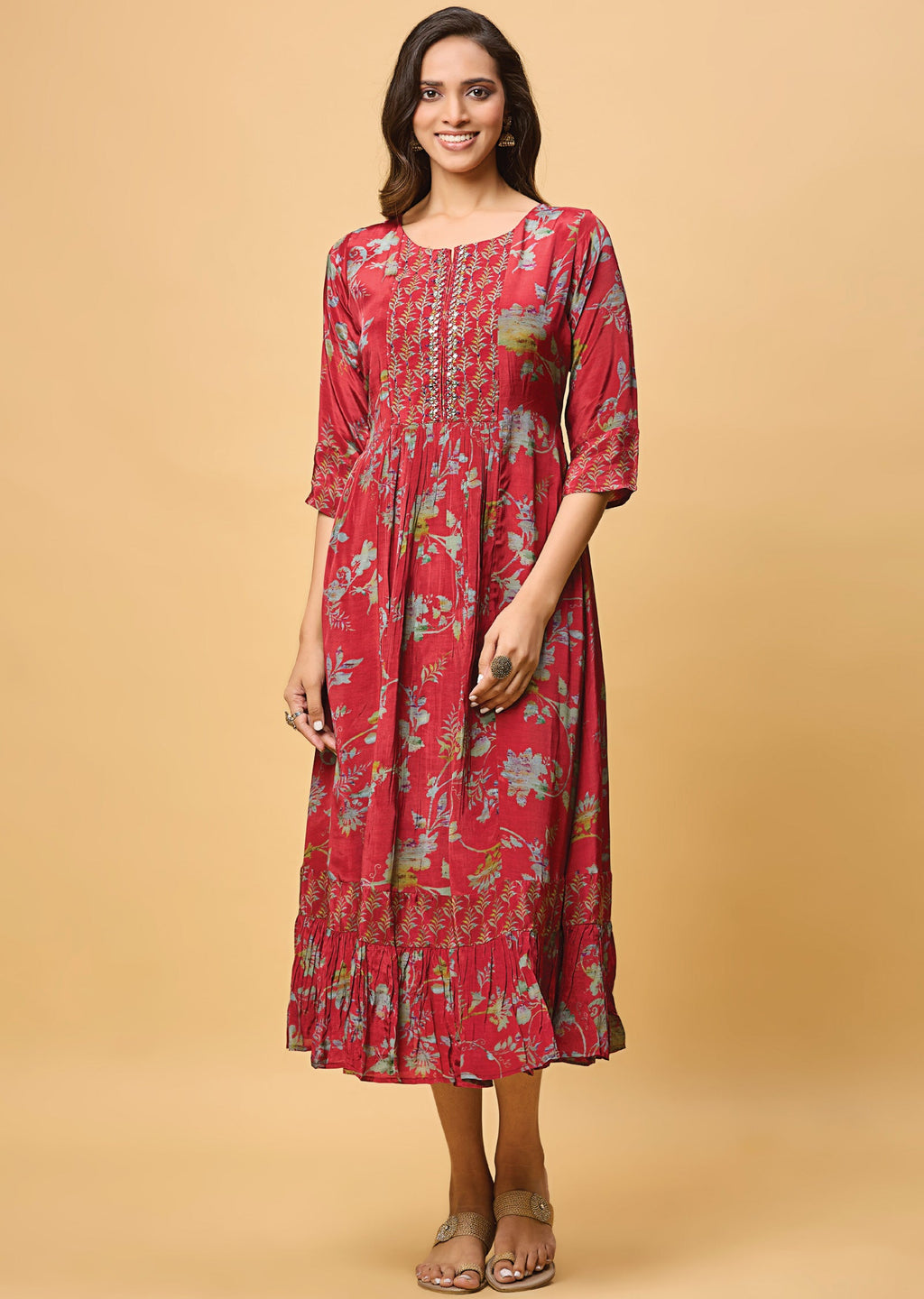 Maroon Crepe Midi Dress