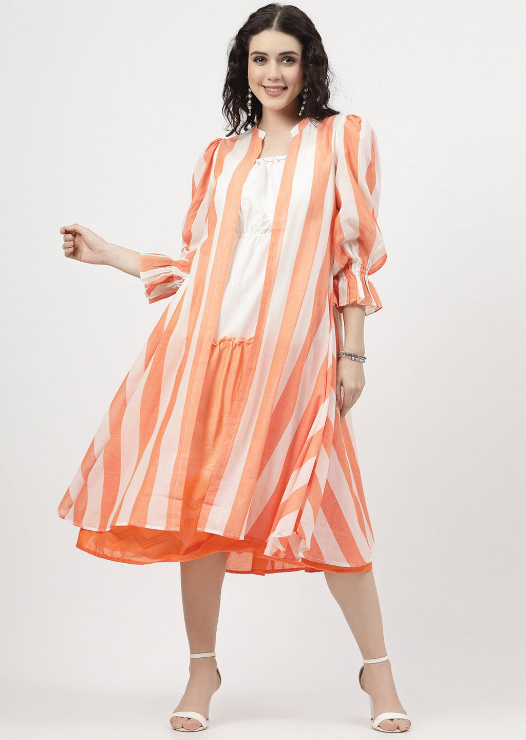 Off White & Orange Cotton Midi Dress