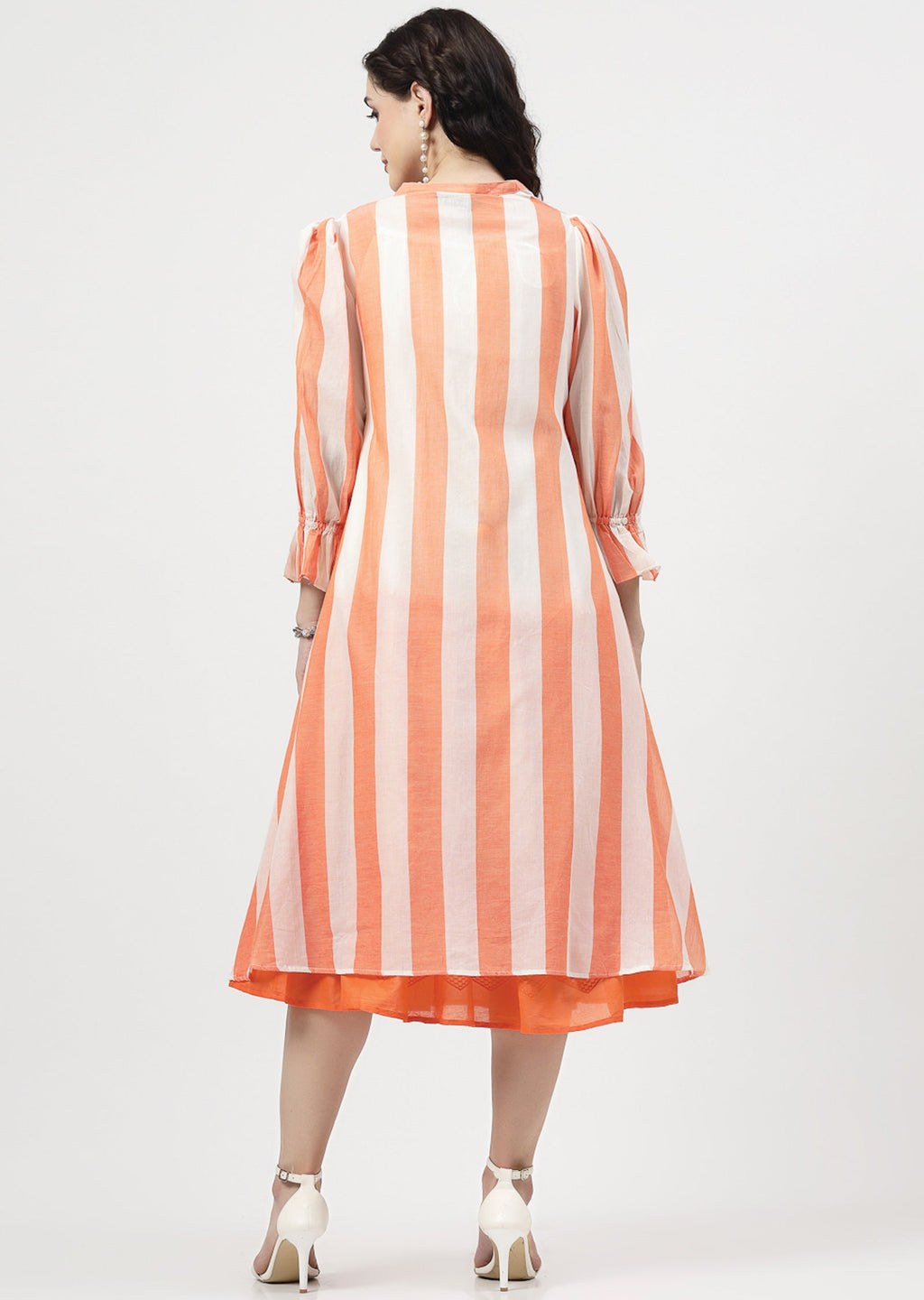 Off White & Orange Cotton Midi Dress