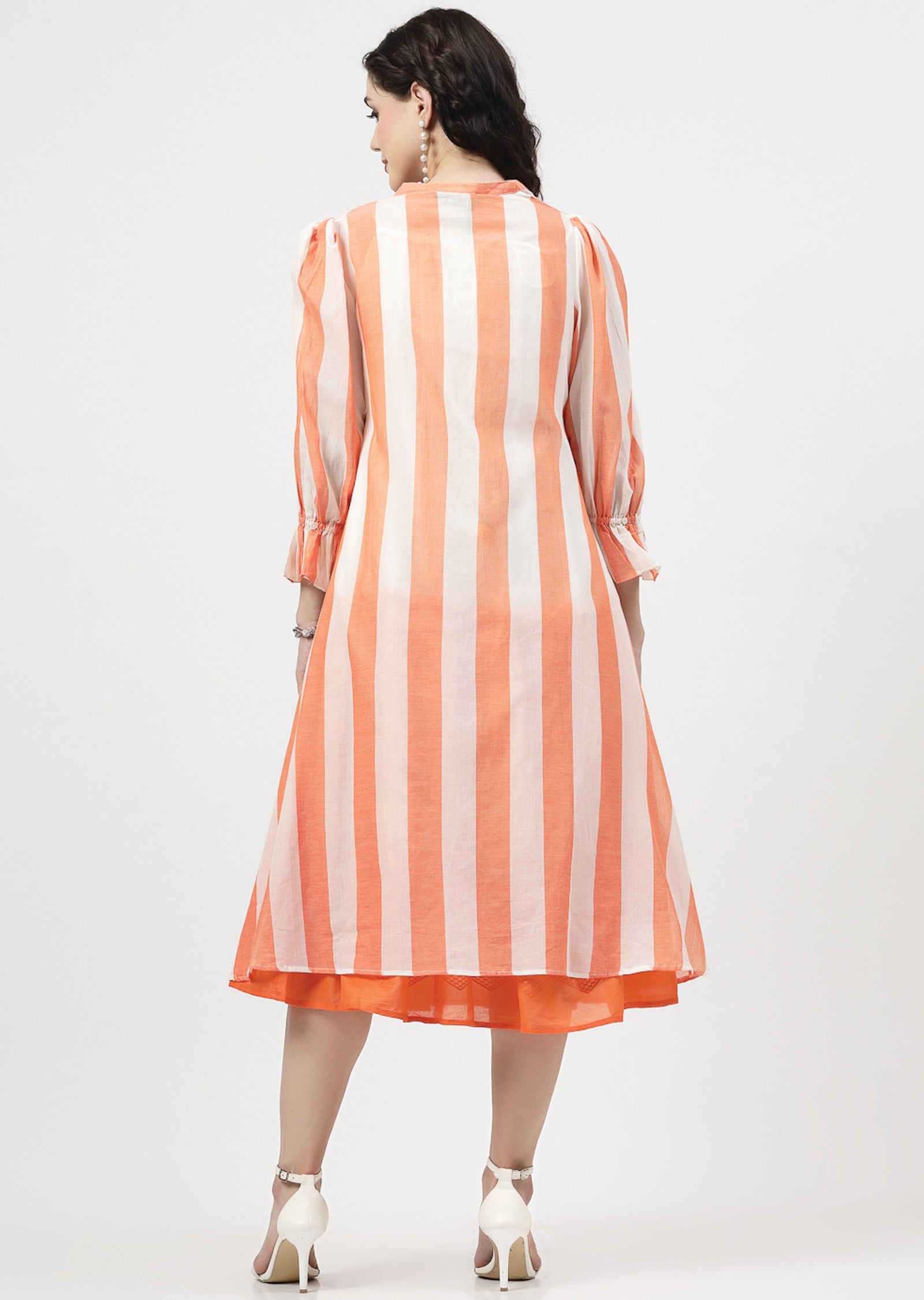 Off White & Orange Cotton Midi Dress