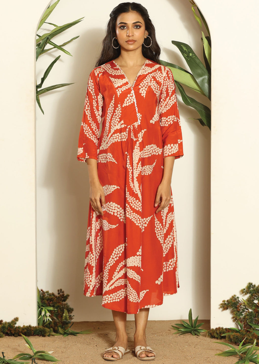 Rust & Beige Rusian Silk Midi Dress