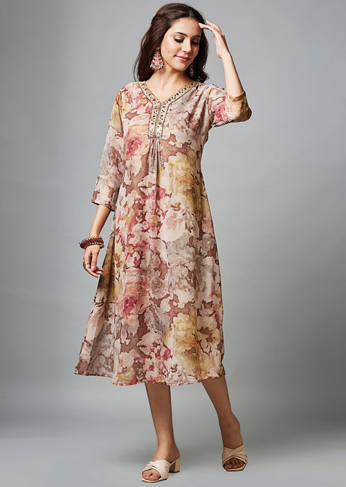Brown Georgette Midi Dress