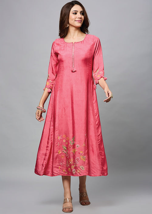 Coral Pink Dola Silk Midi Dress