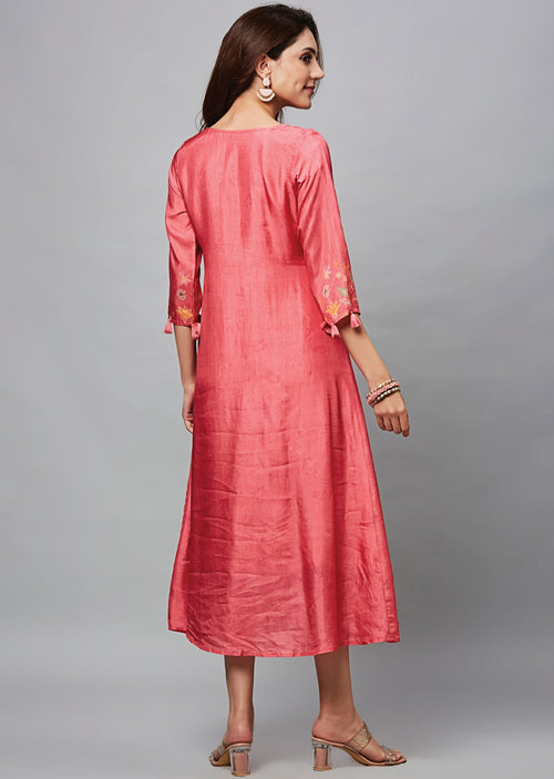 Coral Pink Dola Silk Midi Dress