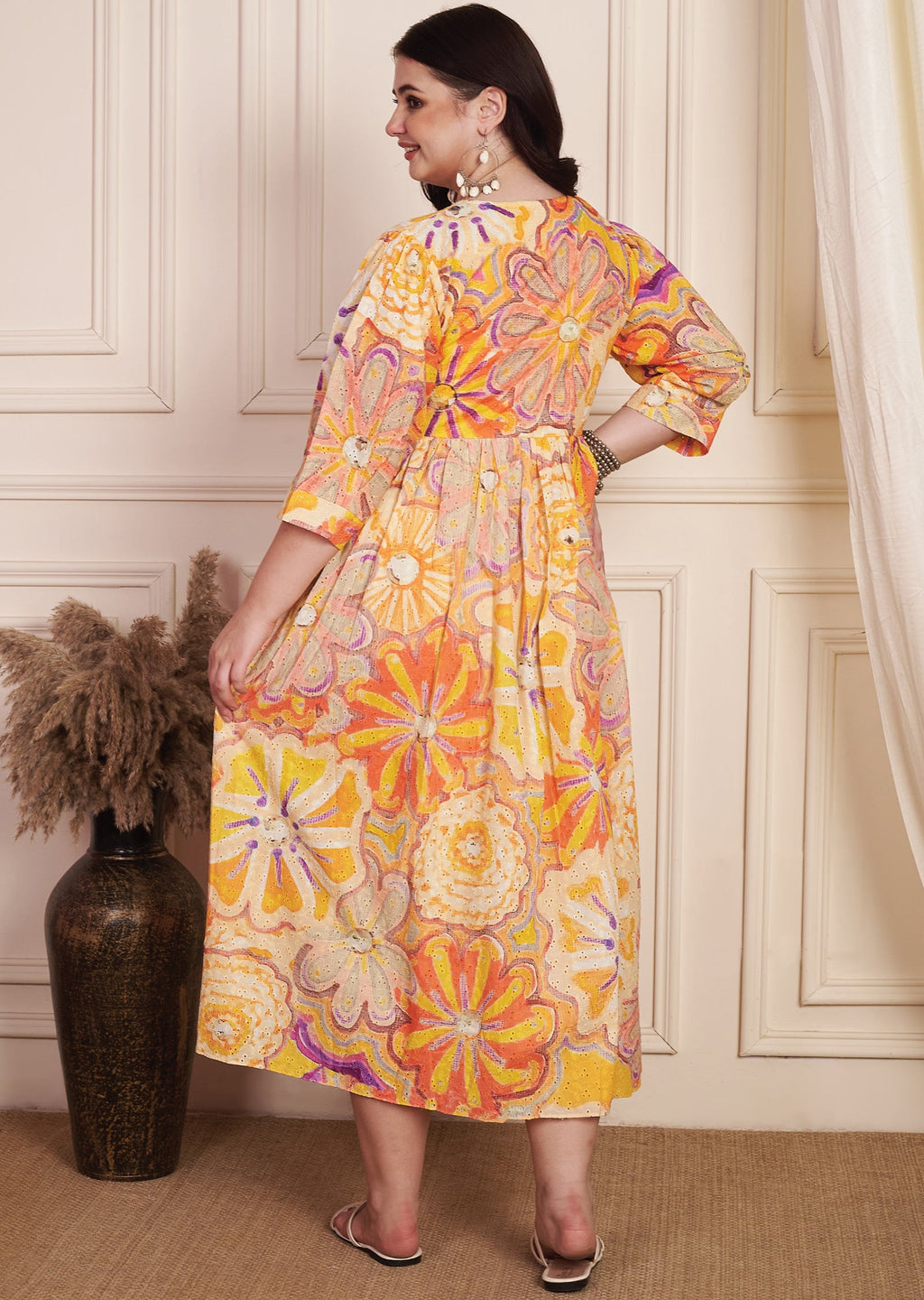 Orange & Multi Schiffli Cotton Midi Dress